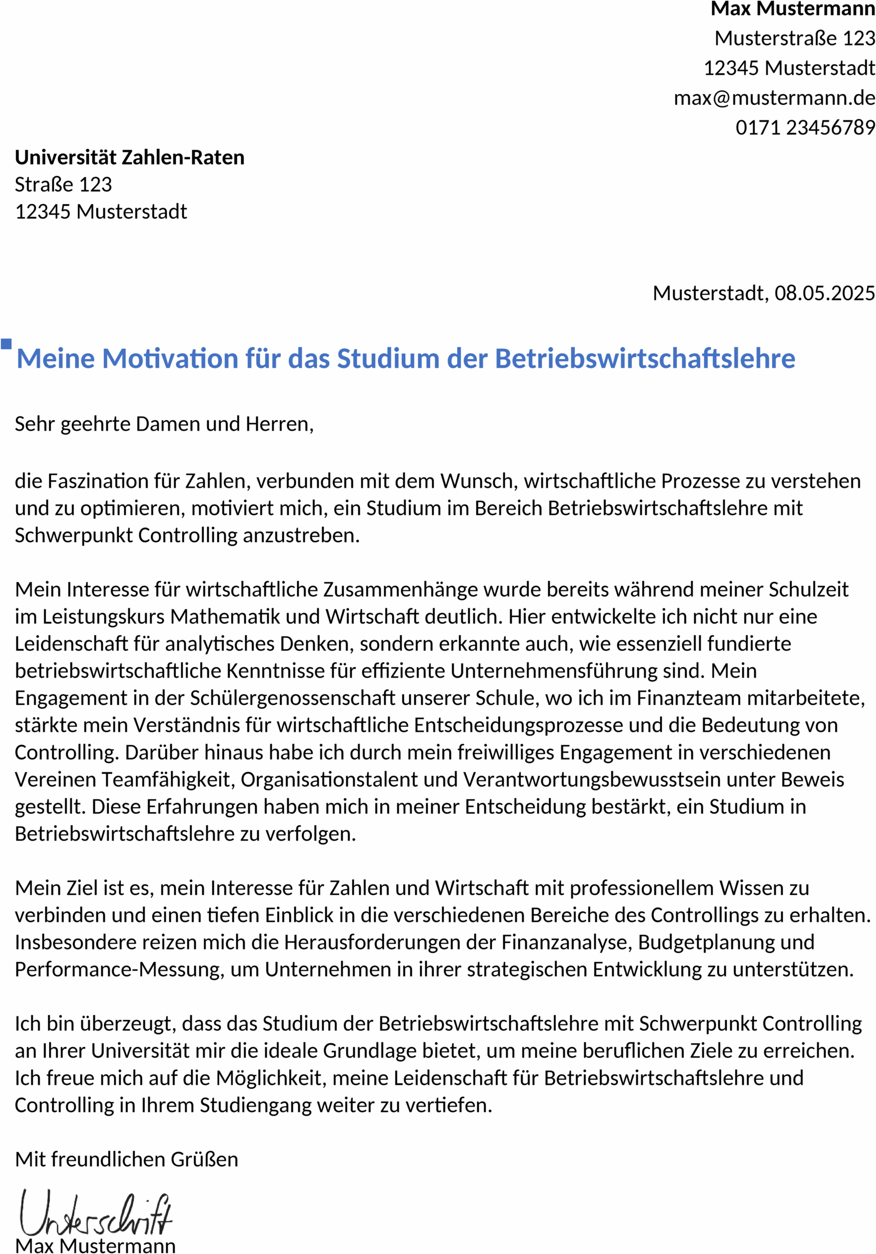 Word-Vorlage für Studienbewerbung