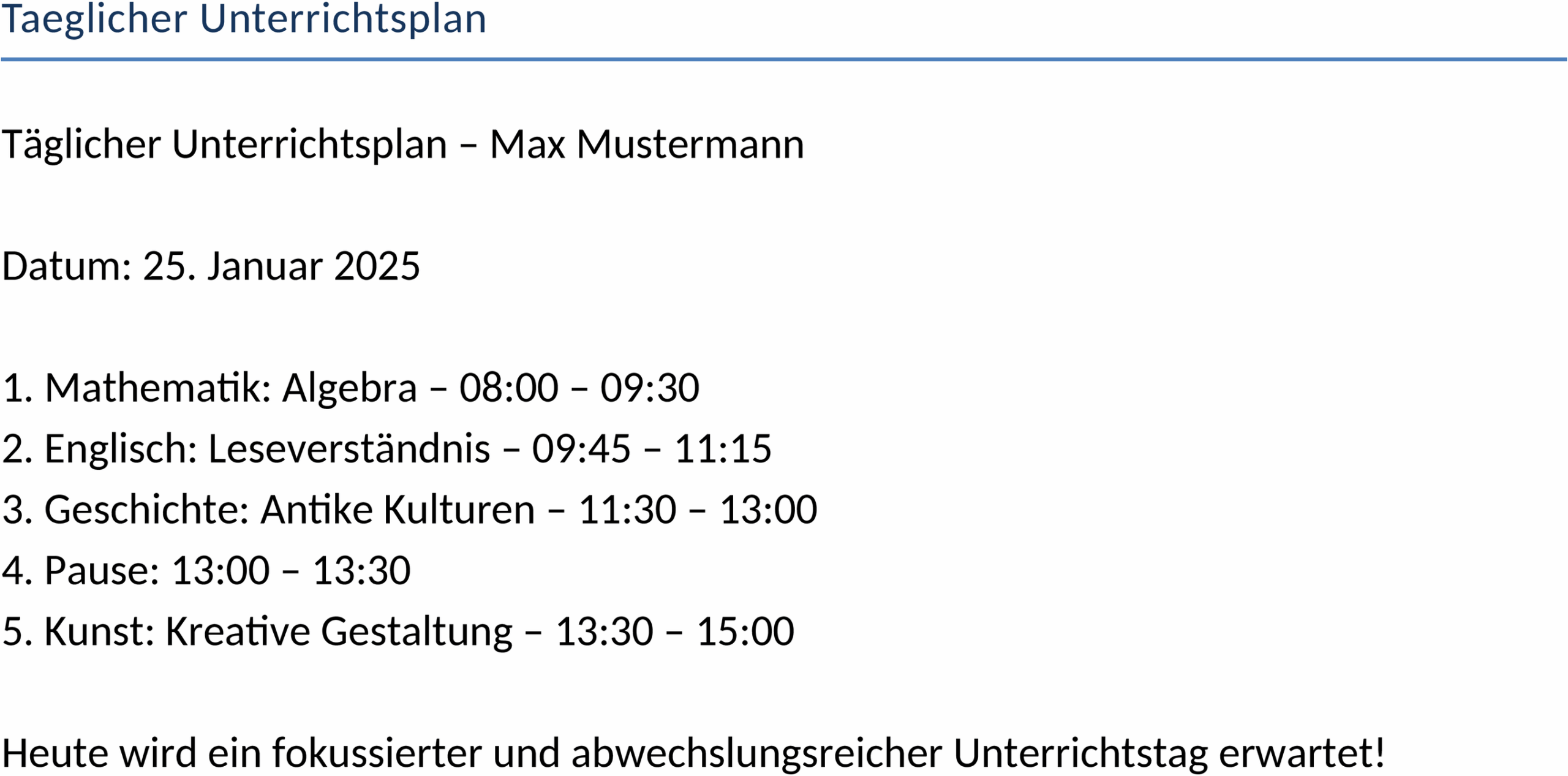 Word-Vorlage für täglichen Unterrichtsplan