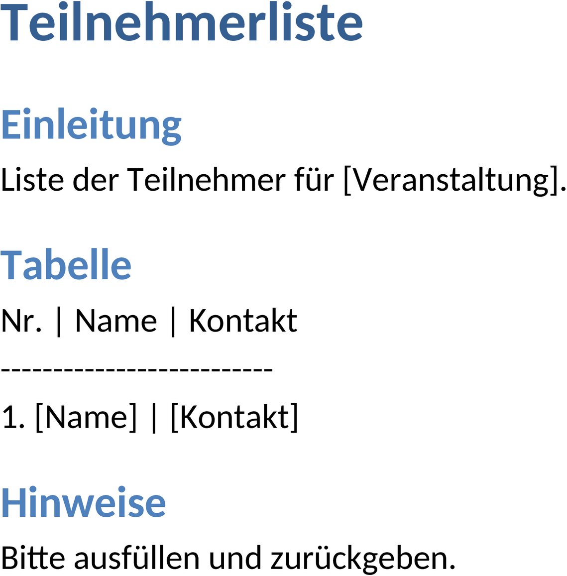 Word Vorlage: Teilnehmerliste