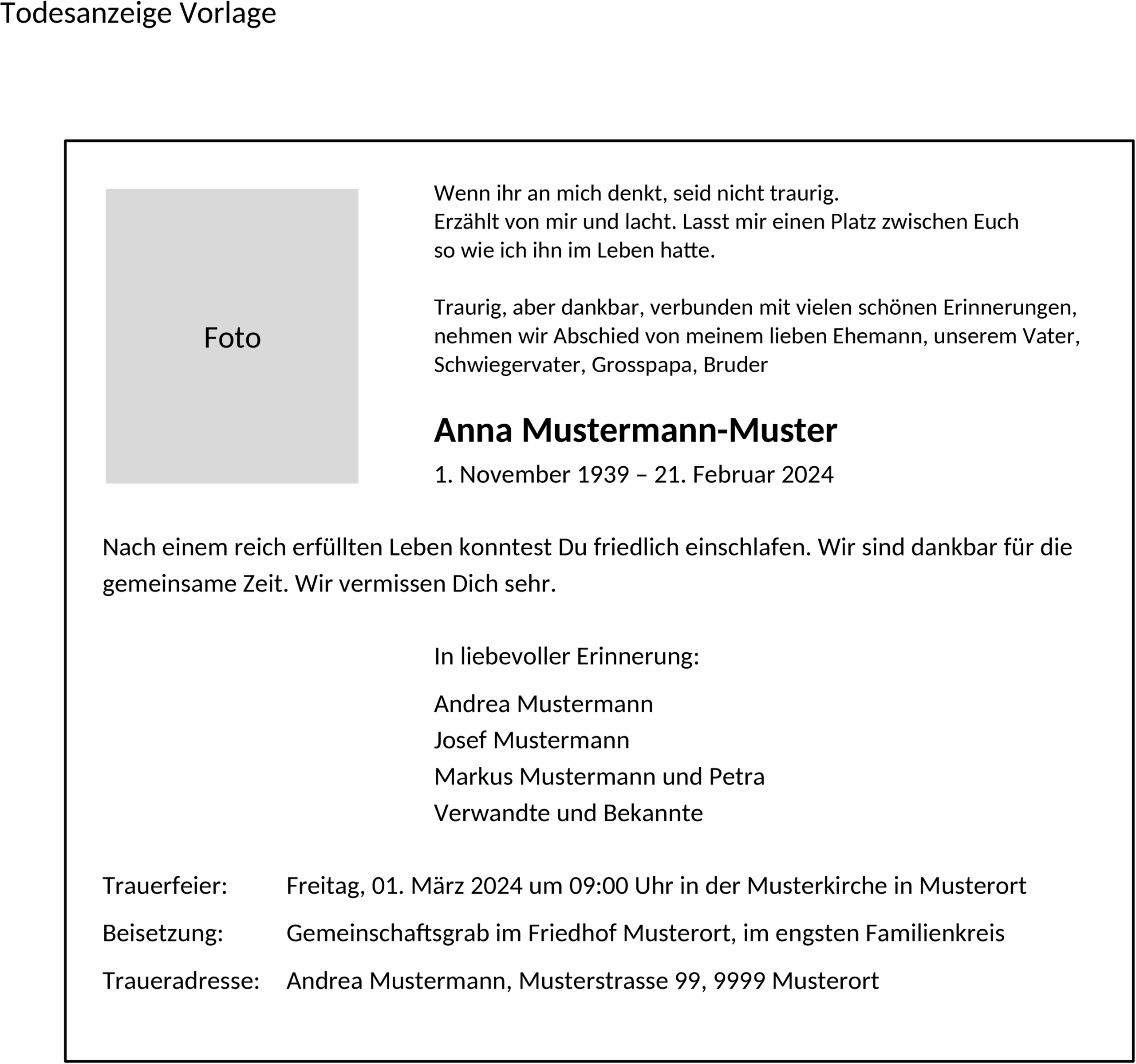 Word Vorlage Todesanzeige Privat