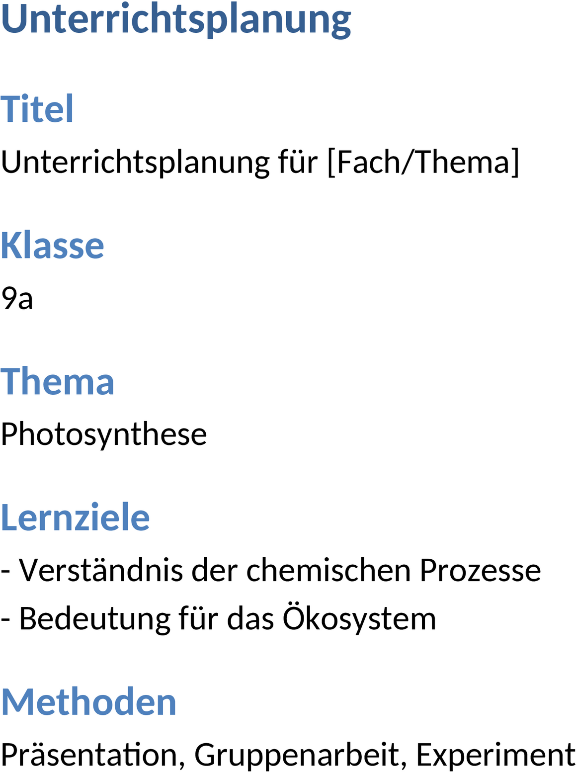 Word-Vorlage Unterrichtsplanung Schule