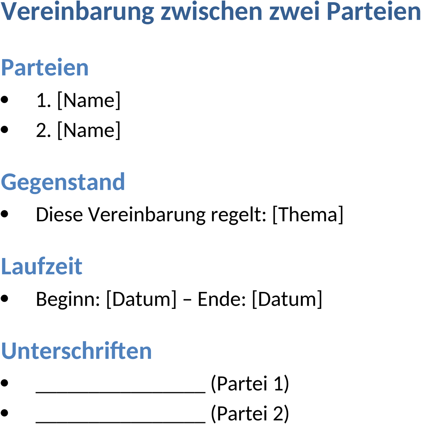 Word-Vorlage für eine Vereinbarung