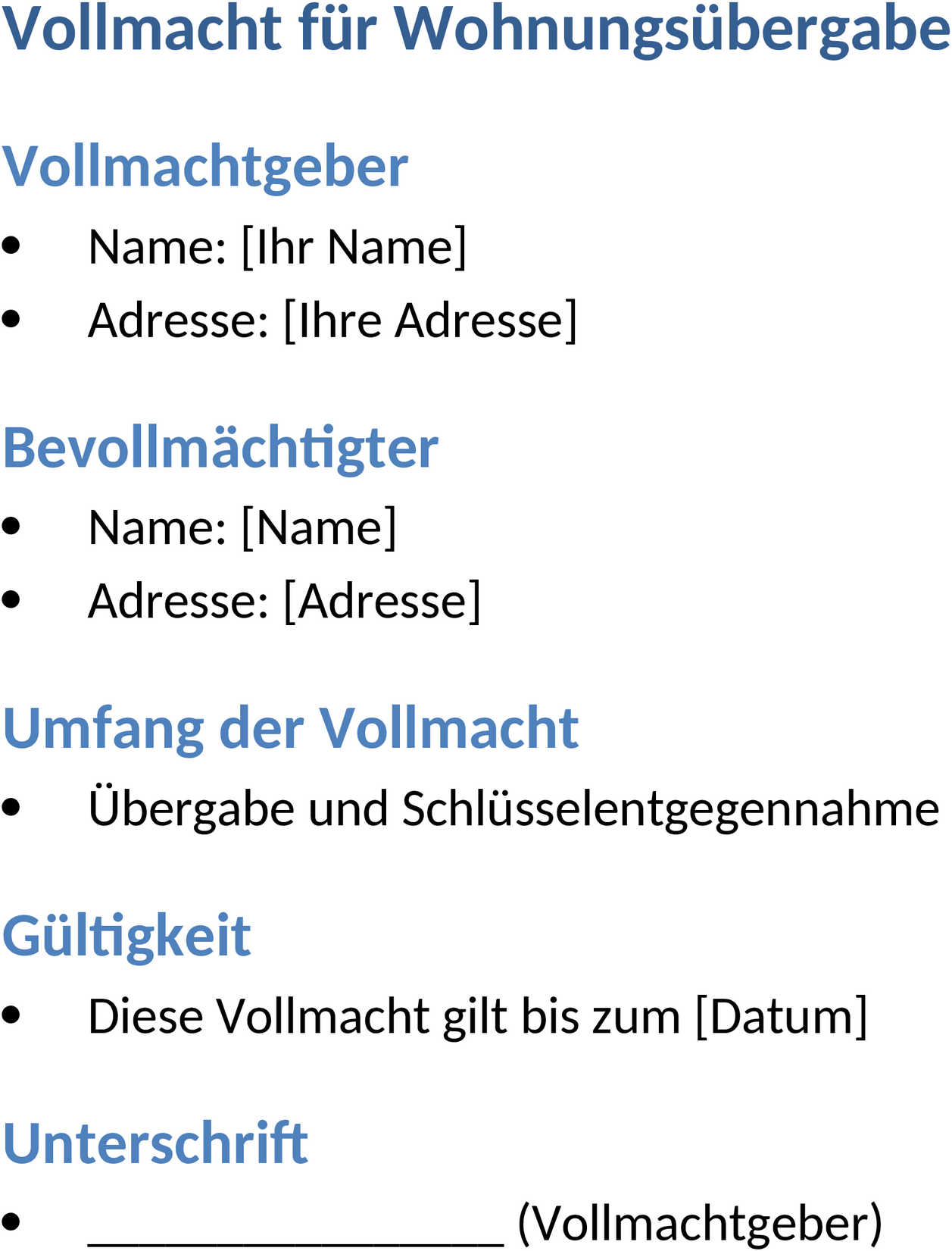 Word-Vorlage Vollmacht Wohnungsübergabe