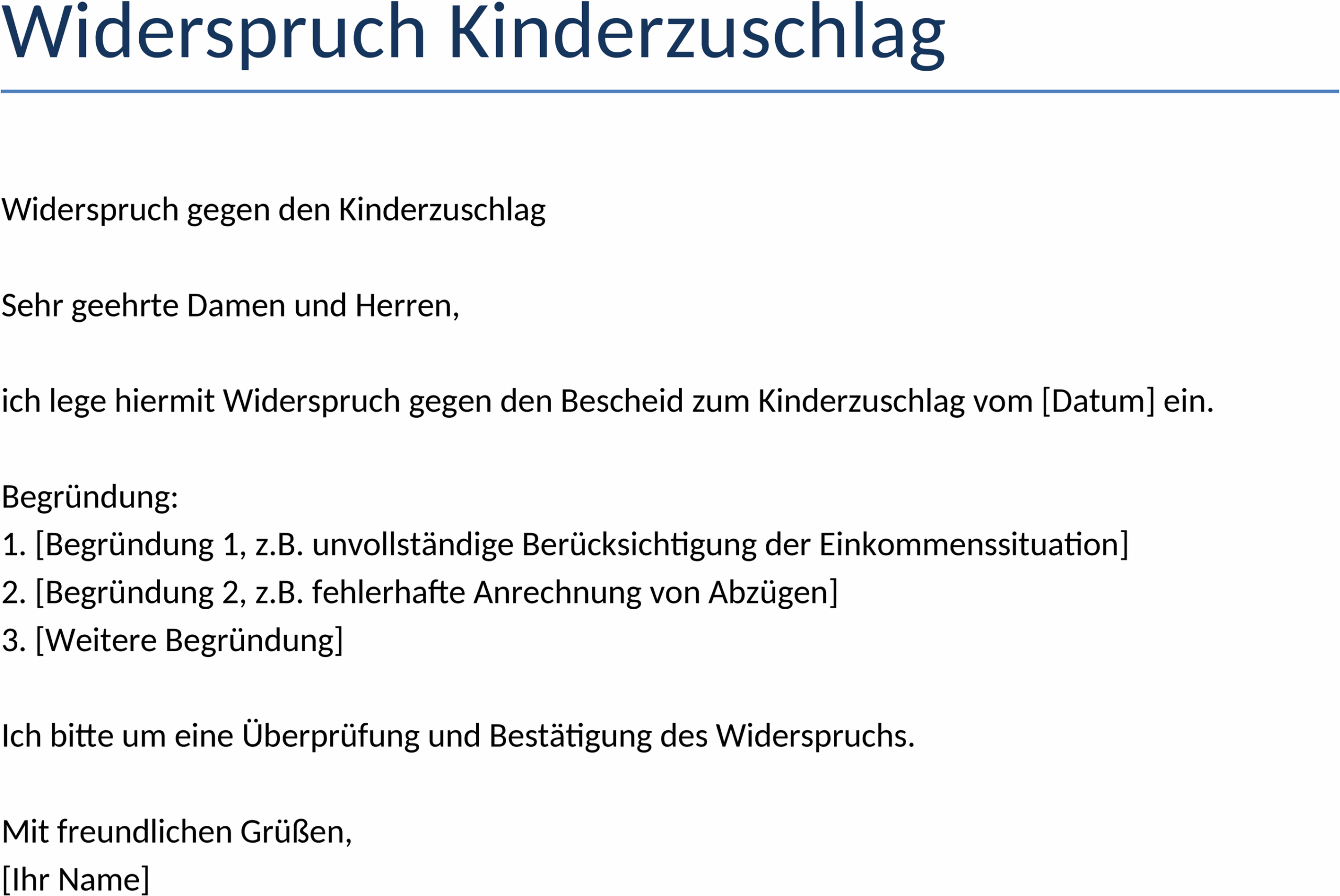 Word-Vorlage für Widerspruch Kinderzuschlag