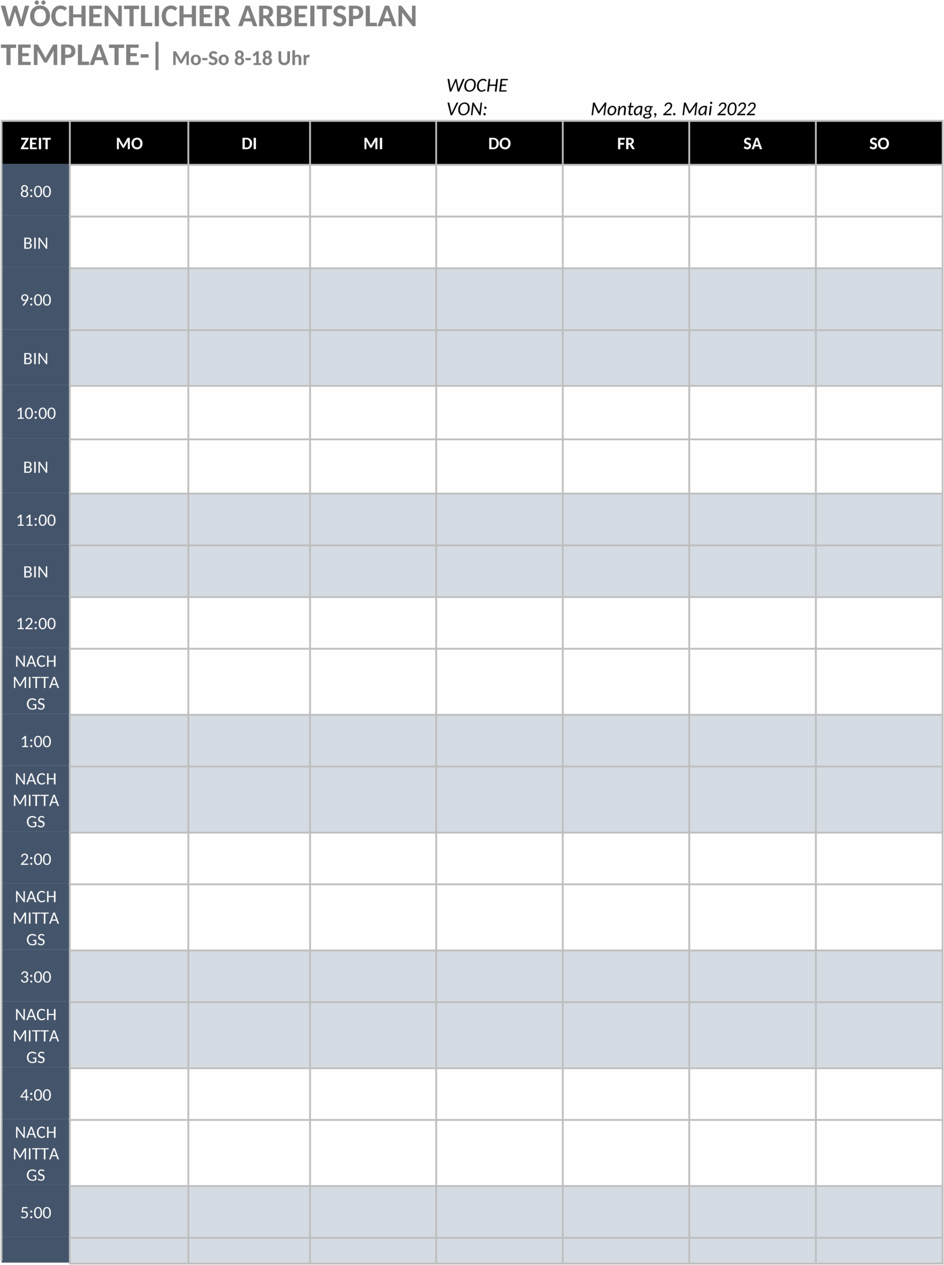Word-Vorlage Wöchentlicher Plan von Montag bis Sonntag 8-18 Uhr