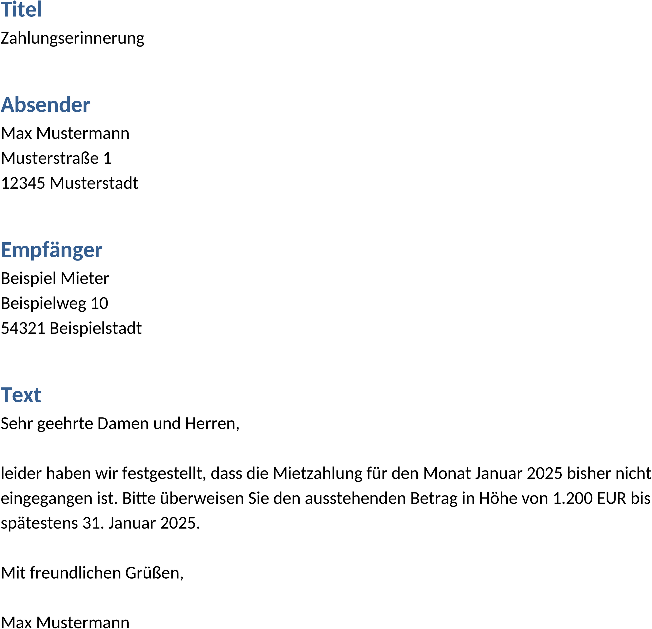 Word-Vorlage Zahlungserinnerung für Miete