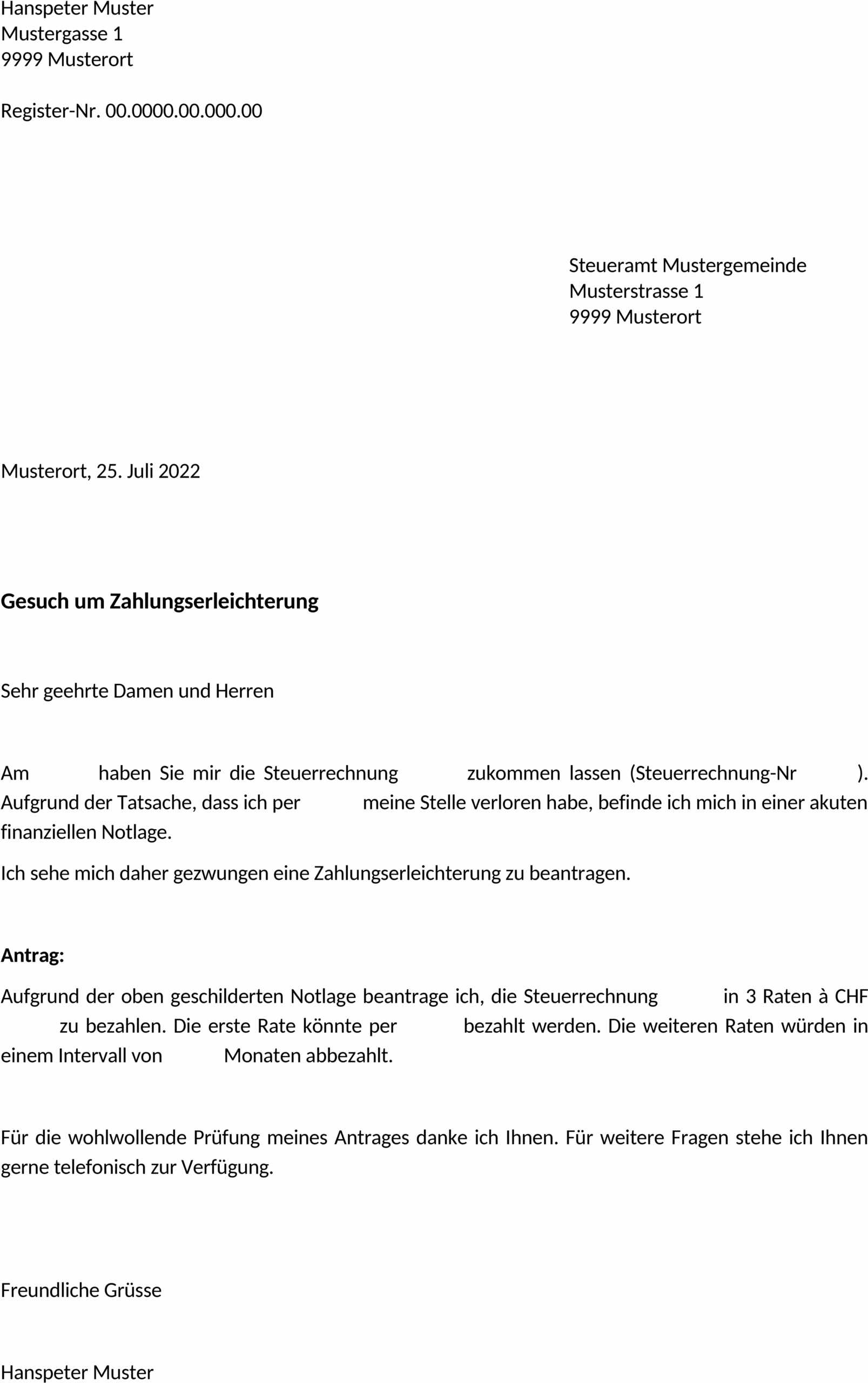 Word-Vorlage Zahlungserleichterung