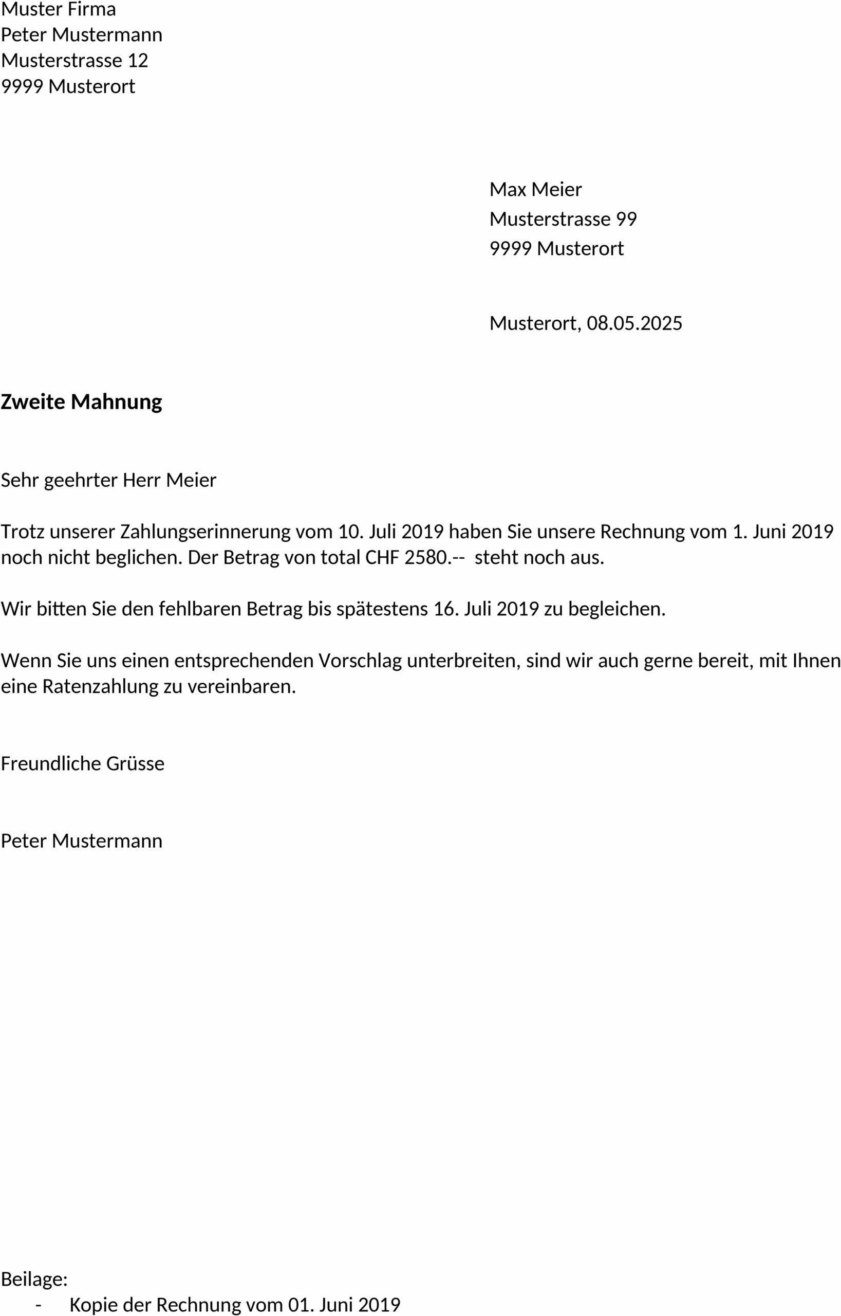 Word-Vorlage für die Zweite Mahnung