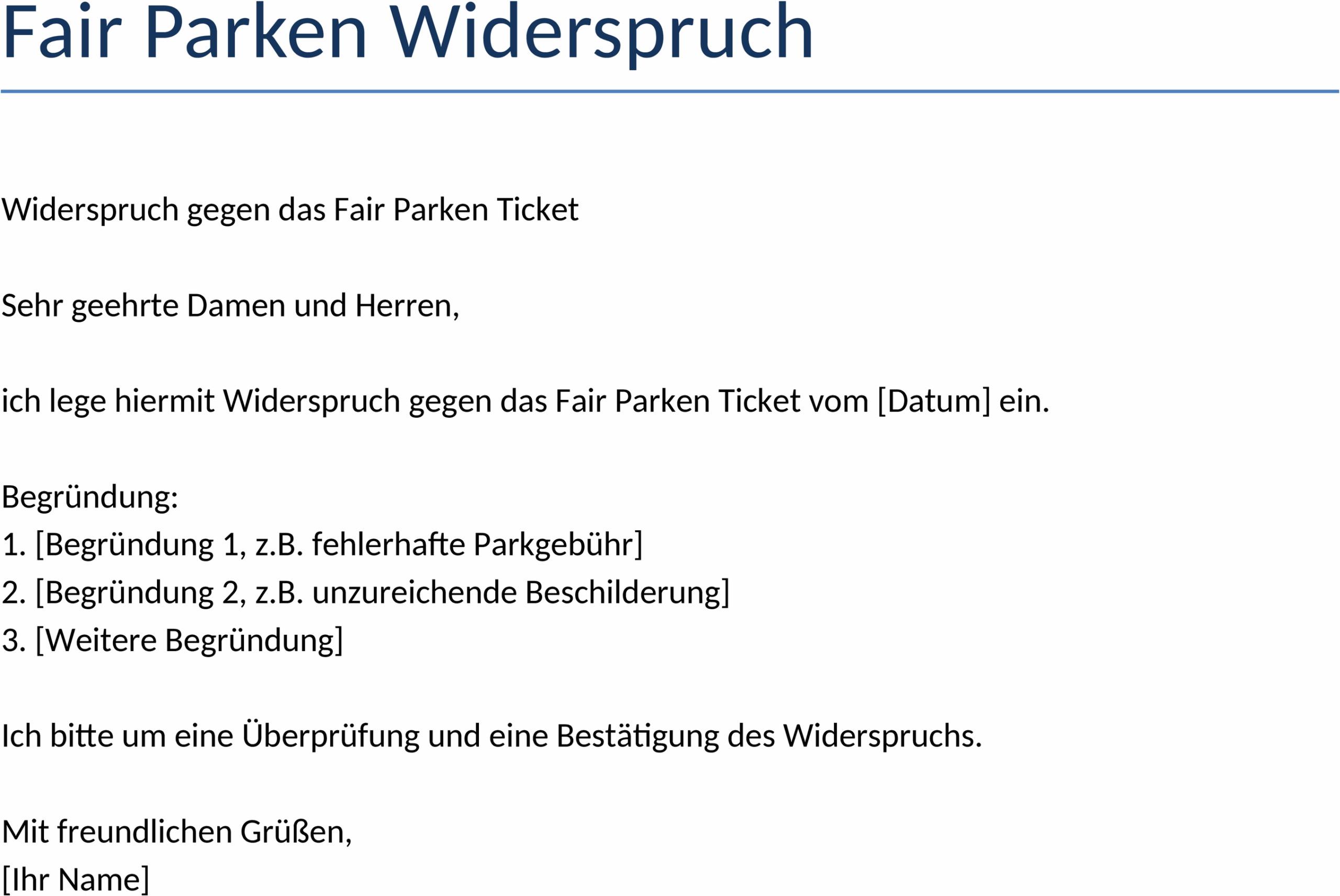 Word Widerspruchs-Template für Parken