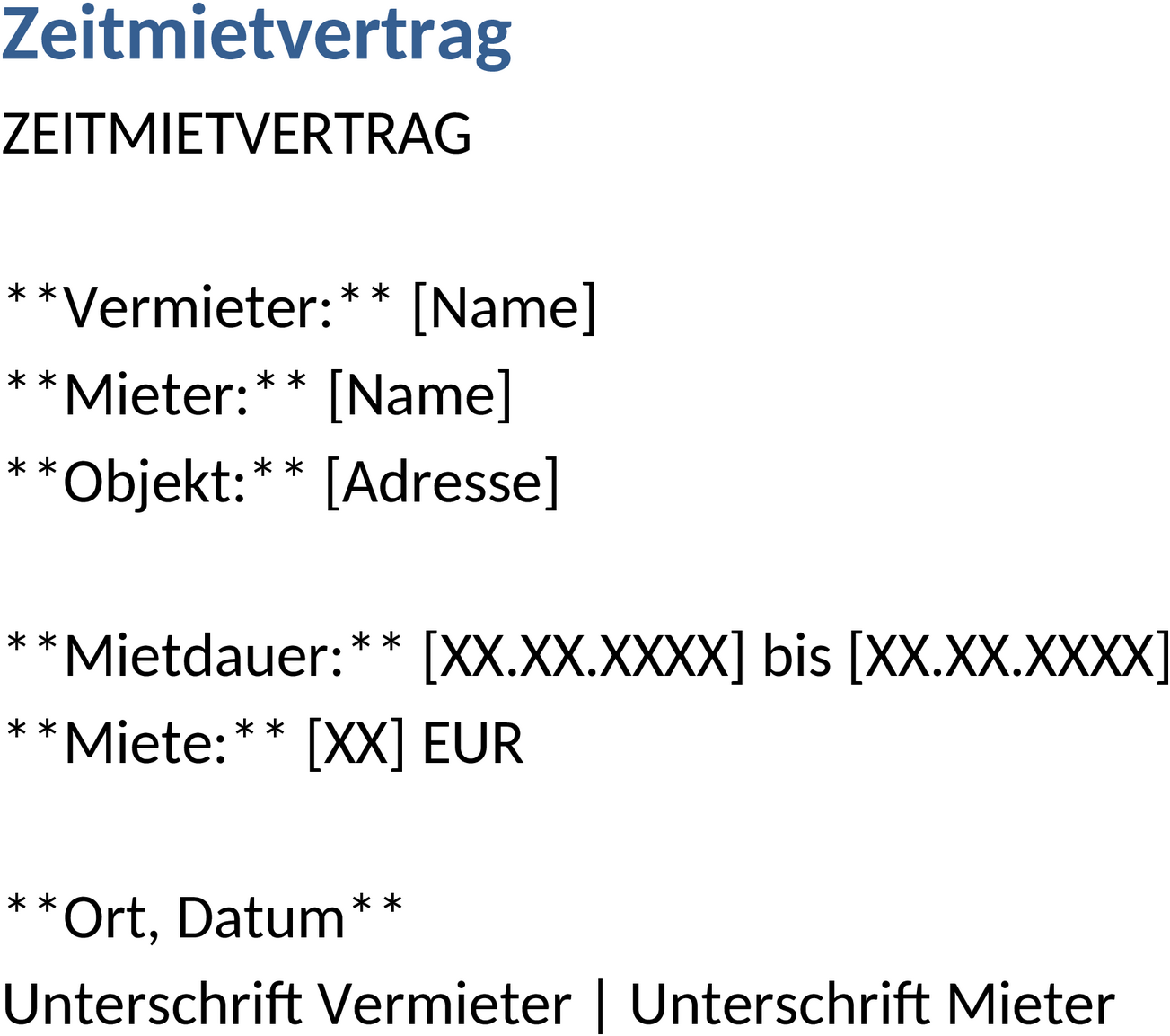 Word-Zeitmietvertrag