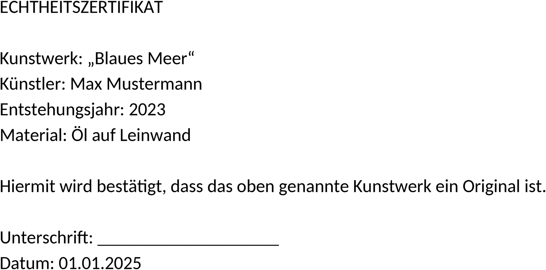 Word-Zertifikat für Kunstwerke