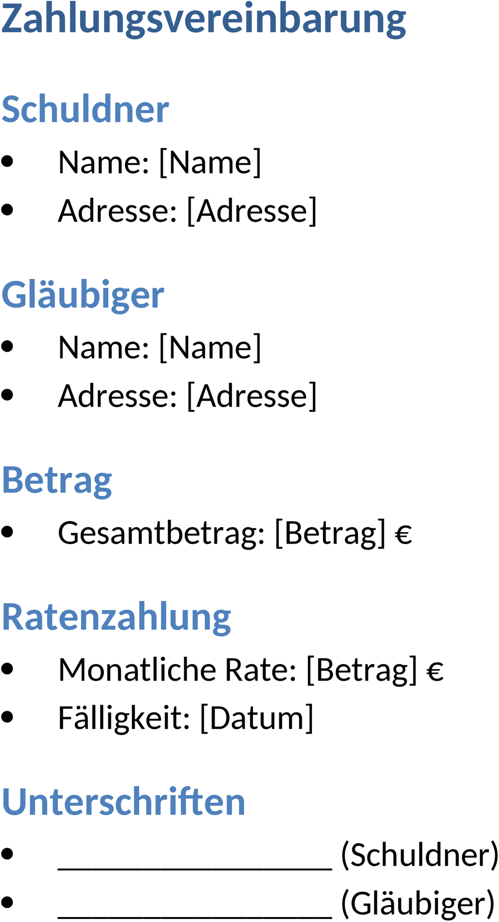 Word-Dokument Zahlungsvereinbarung
