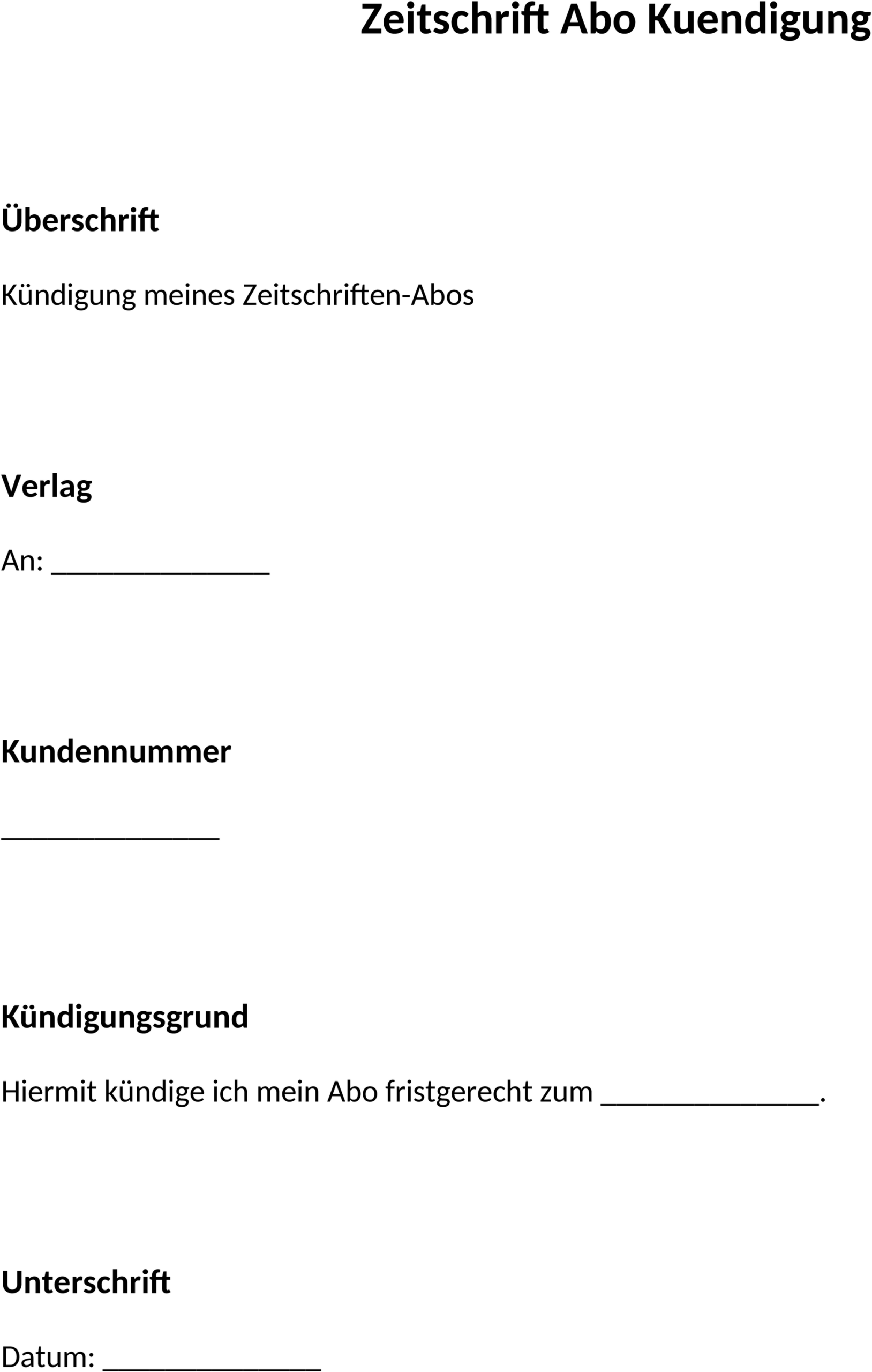 Zeitschriften-Abo Kündigungsvorlage im Word-Format