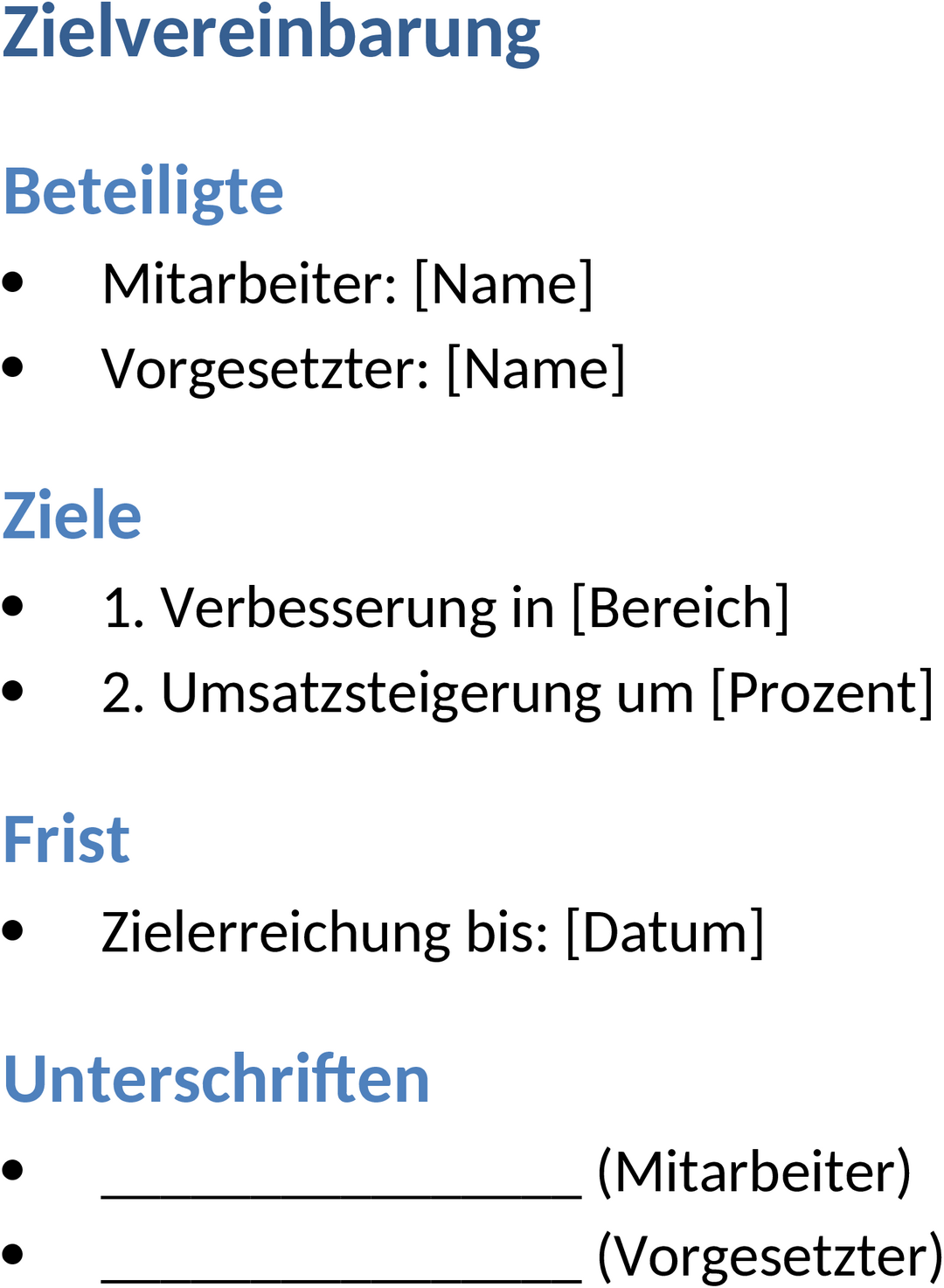 Zielvereinbarung Word-Vorlage