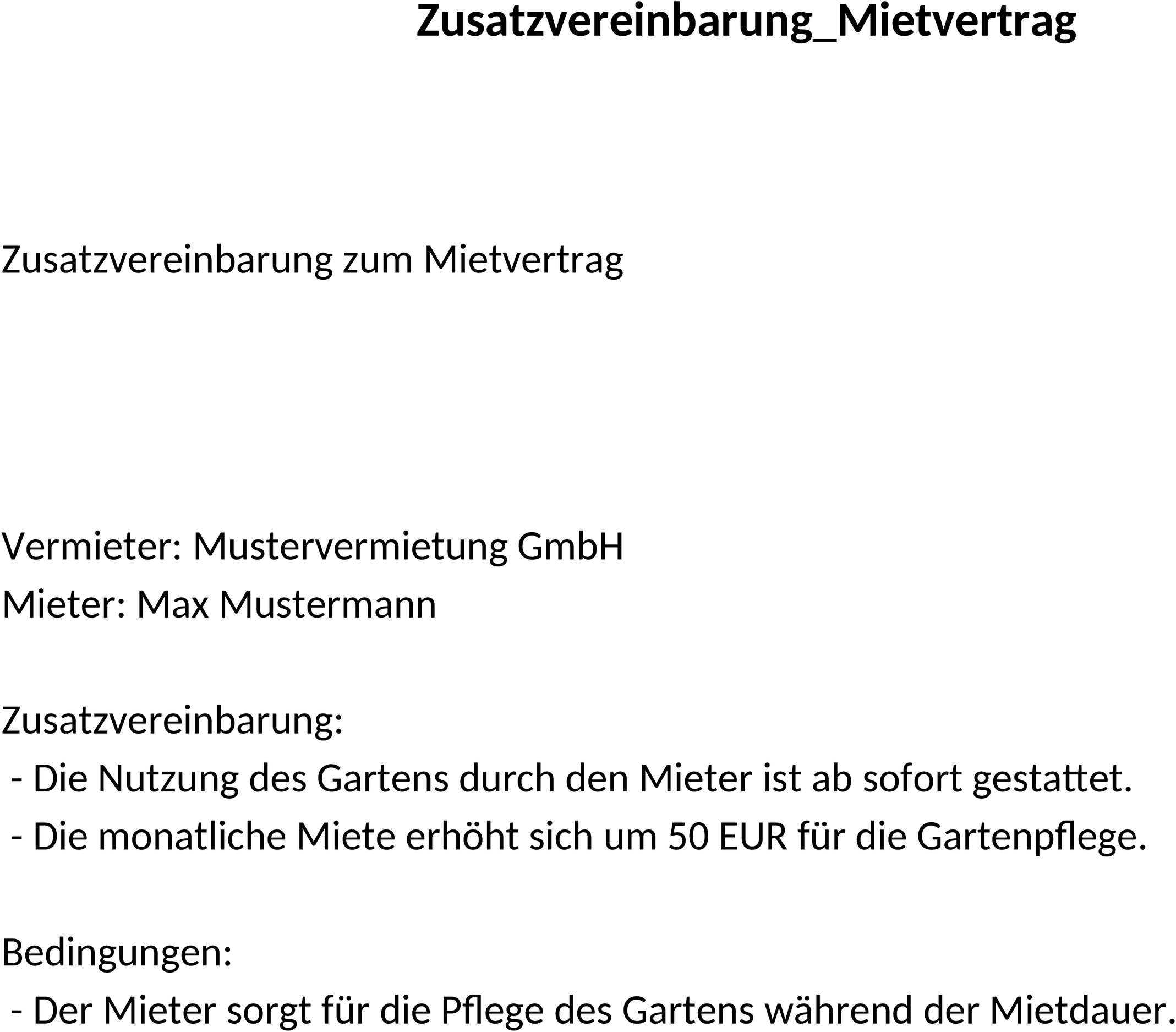 Zusatzvereinbarung Mietvertrag Word-Dokument