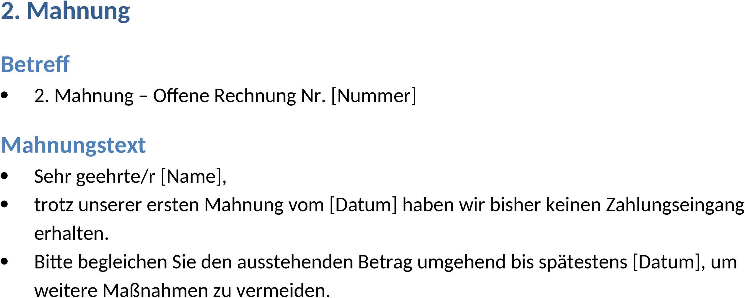 Word-Vorlage: Zweite Mahnung