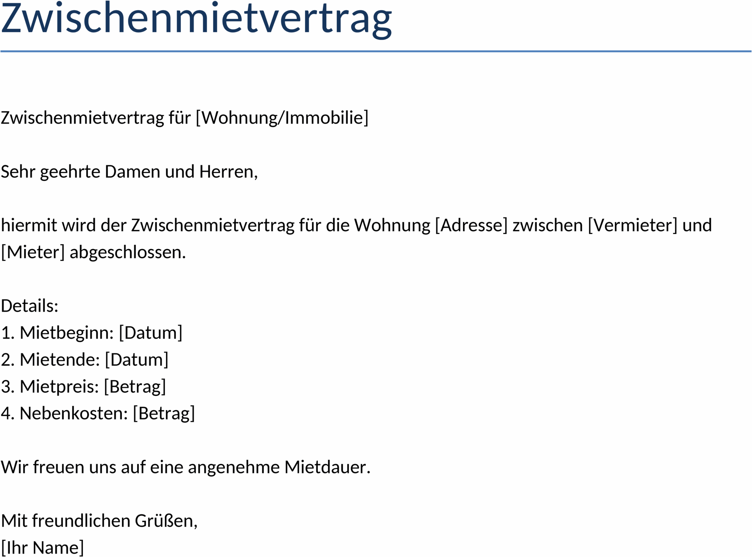 Word Zwischenmietvertrag Vorlage