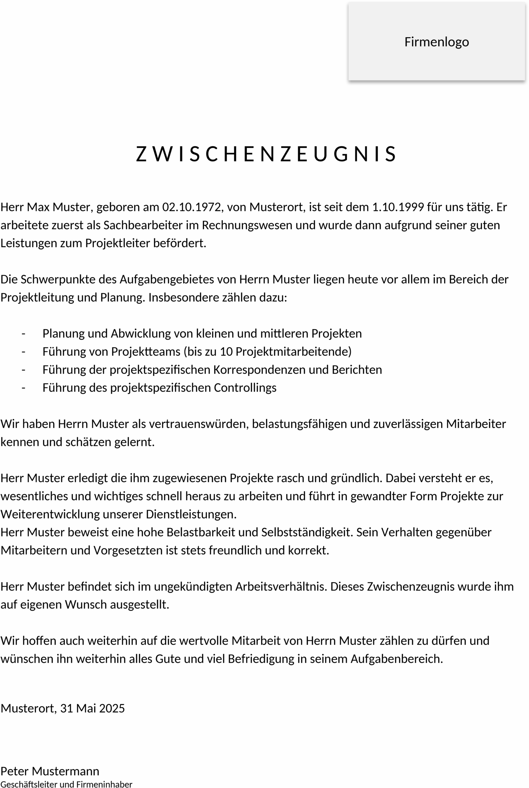 Zwischenzeugnis Muster als Word-Datei