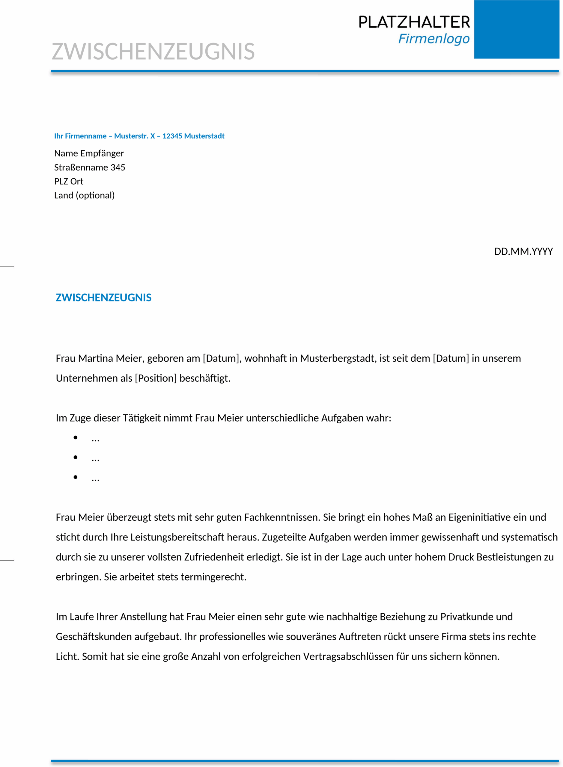 Zwischenzeugnis Word-Dokument Vorlage